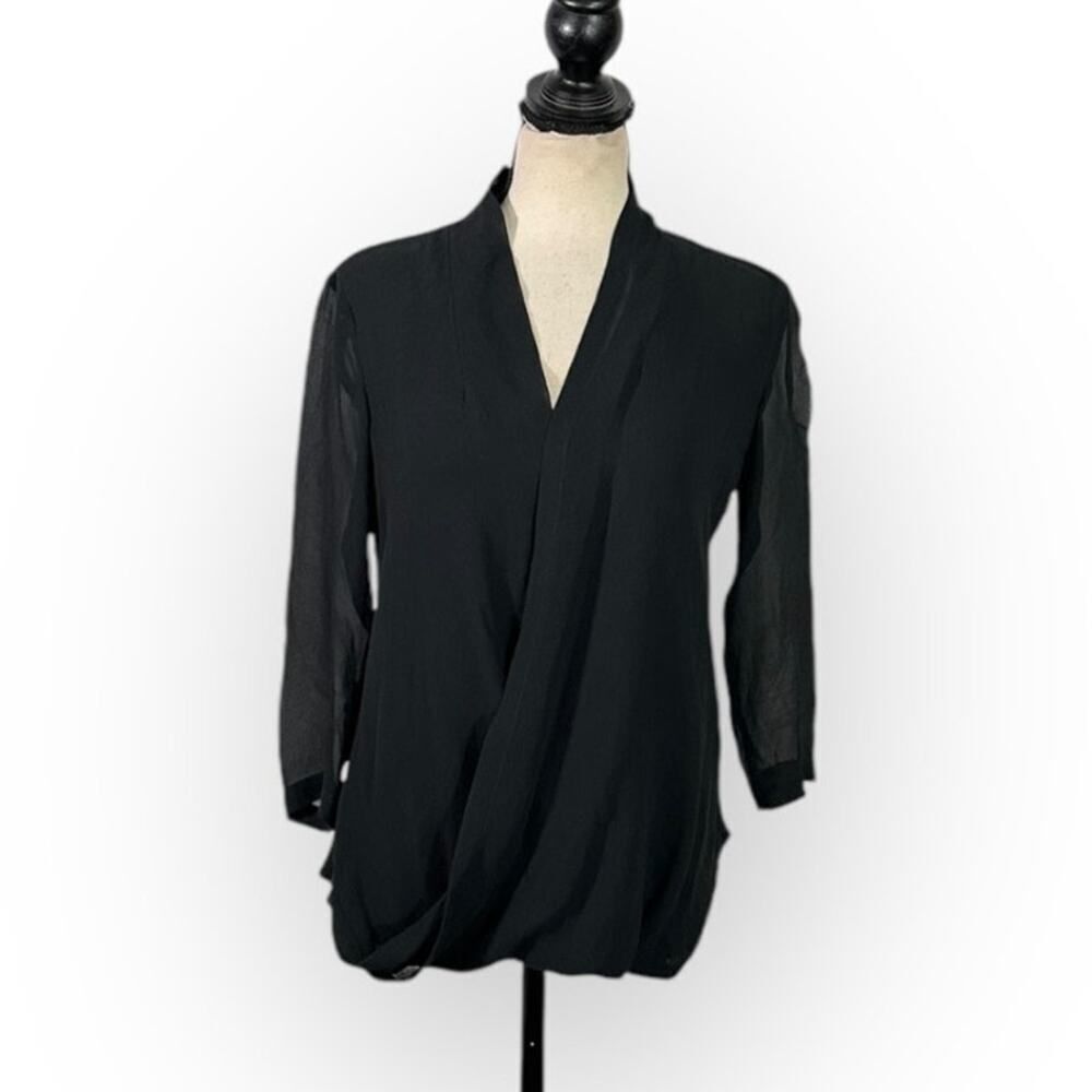 Babaton Aritzia Beau Wrap Blouse Women's XXS Black Silk 3/4 Sleeves Sheer V-Neck